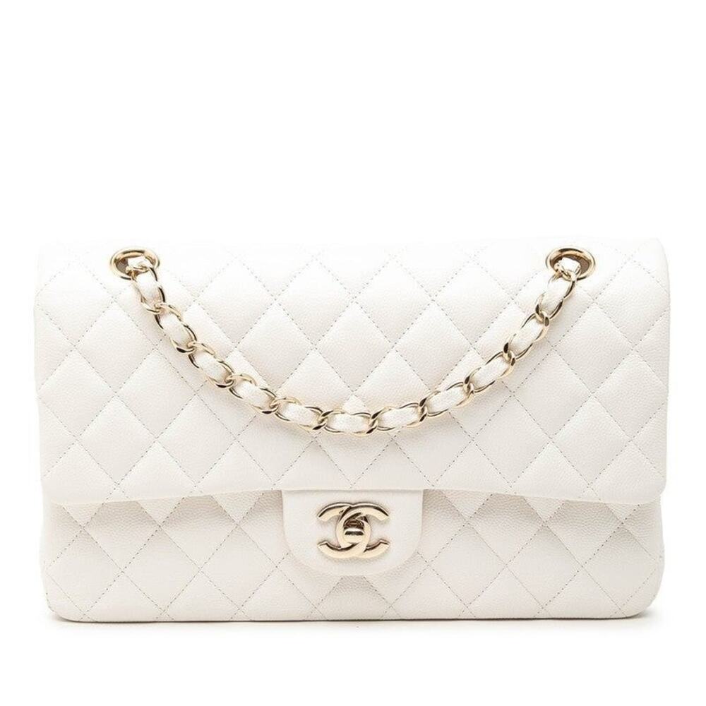 Chanel Coco Mark Caviar Skin Matelasse 25 Double Flap Chain Shoulder Bag White